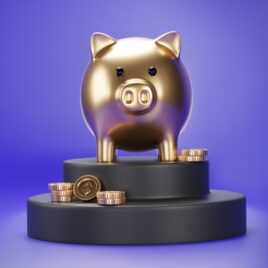 Gold piggy bank, podium, coins_sq