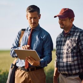 Insurance broker talking to farmer on farm_sq Insurance broker talking to farmer on farm_sq